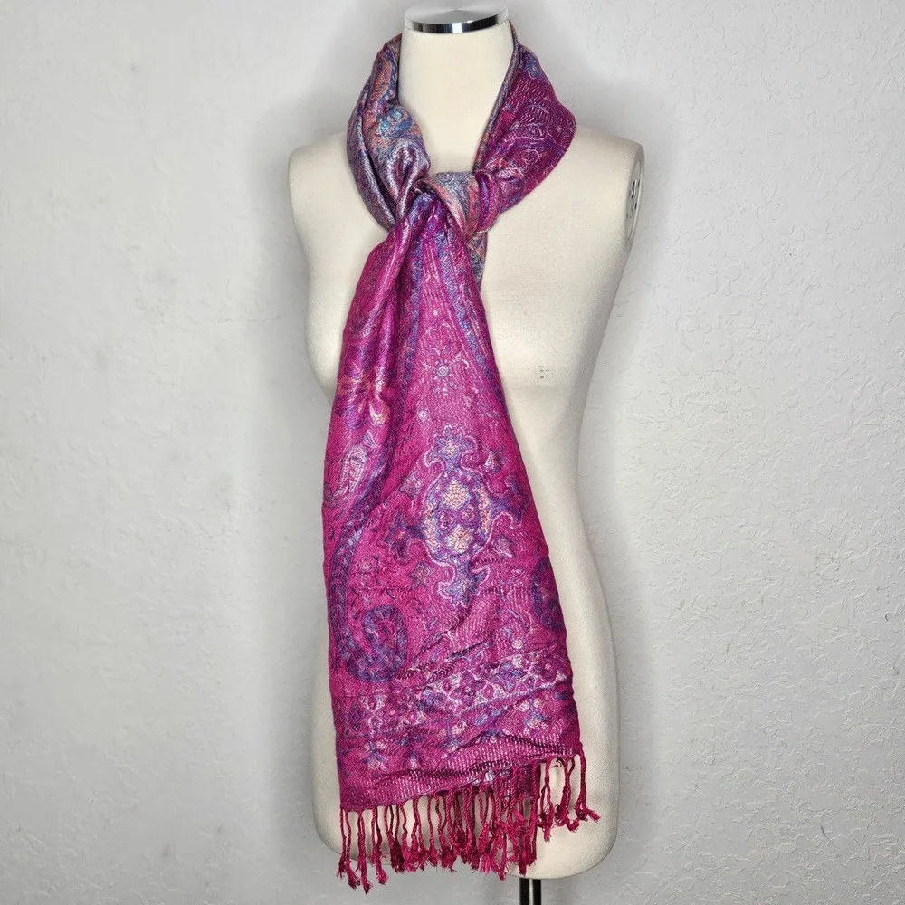 Pashmina Silk Blend Paisley Scarf Magenta Pink Purple Metallic Fringe Wrap